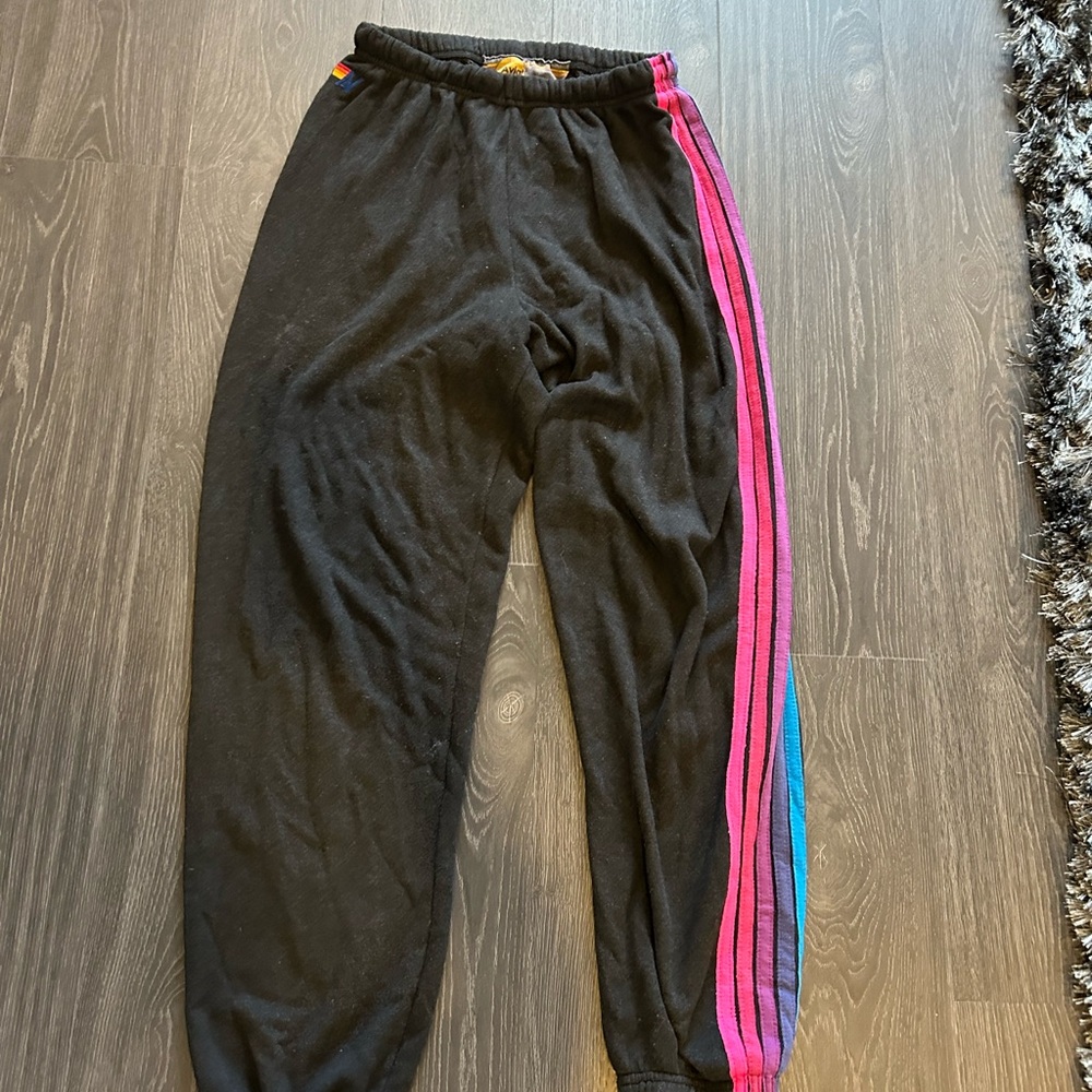 Aviator Nation Black Joggers with Pink and Blue Stripes
